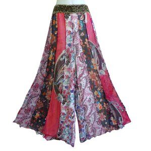 SiLK Haute Hippie Wide Leg Pants Heavy Beaded Waist Side Zip Patchwork Lined 8